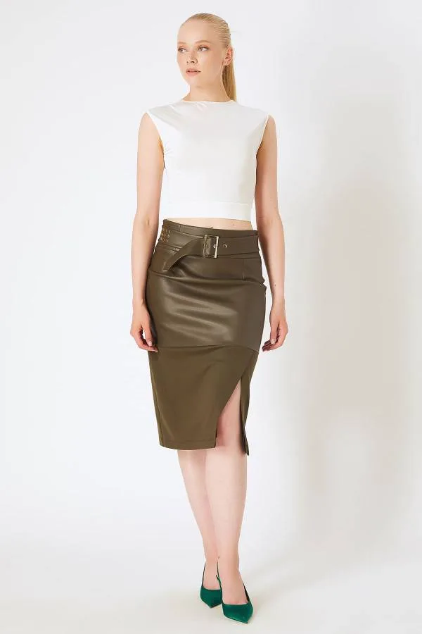 Fever Yırtmaçlı Kemerli Suni Deri Etek - Romance Adana abiye elbise